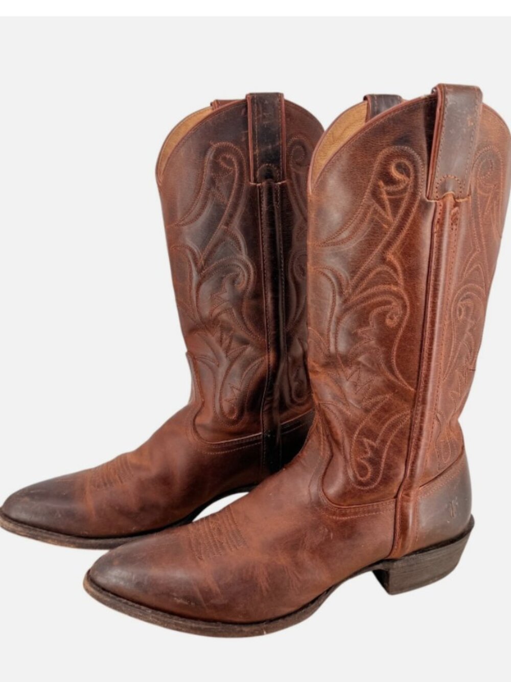 1980s Frye Billy Vintage Cognac Floral Pattern Embroidered Pull-On Cowboy Boot